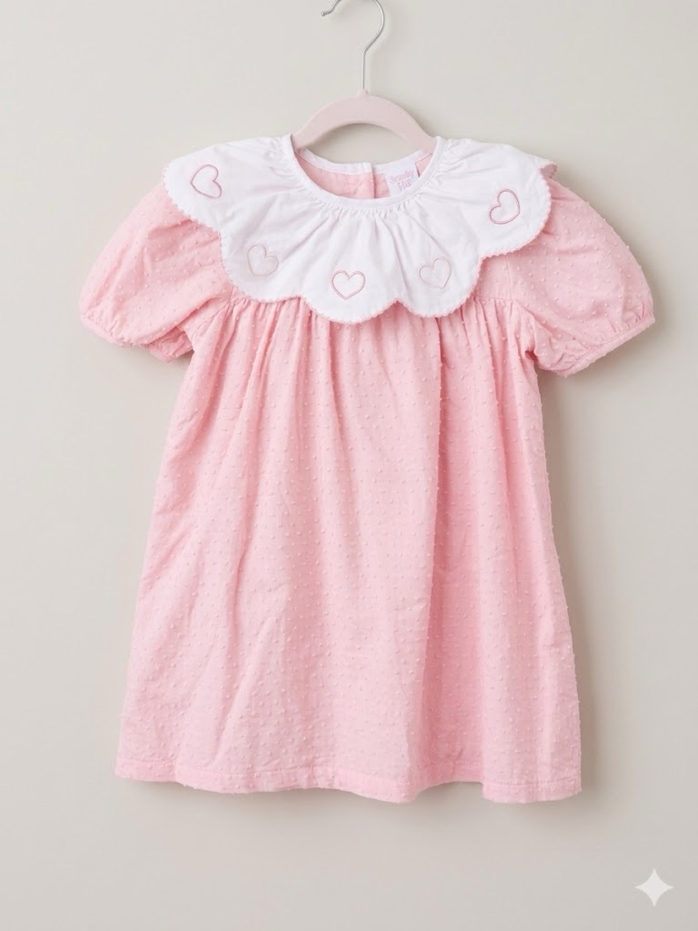 Stitchy Fish Girls Dress Size 5 Pink Swiss Dot Embroidered Heart Collar